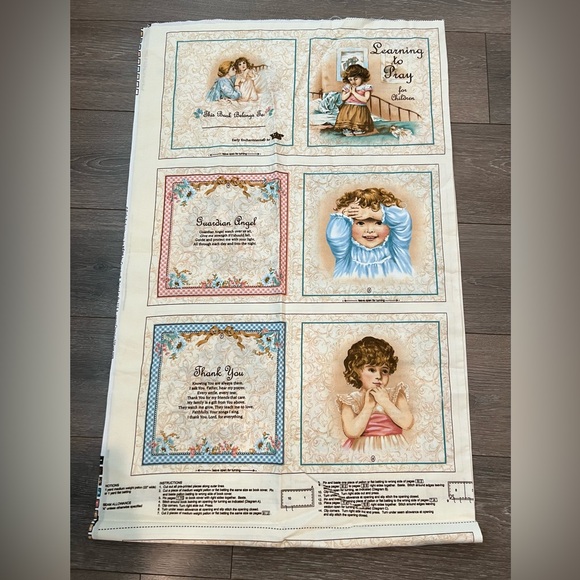 VTG Fabric Learning To Pray Victorian Children Cheat Quilt Squares 68”x44” - Picture 4 of 14